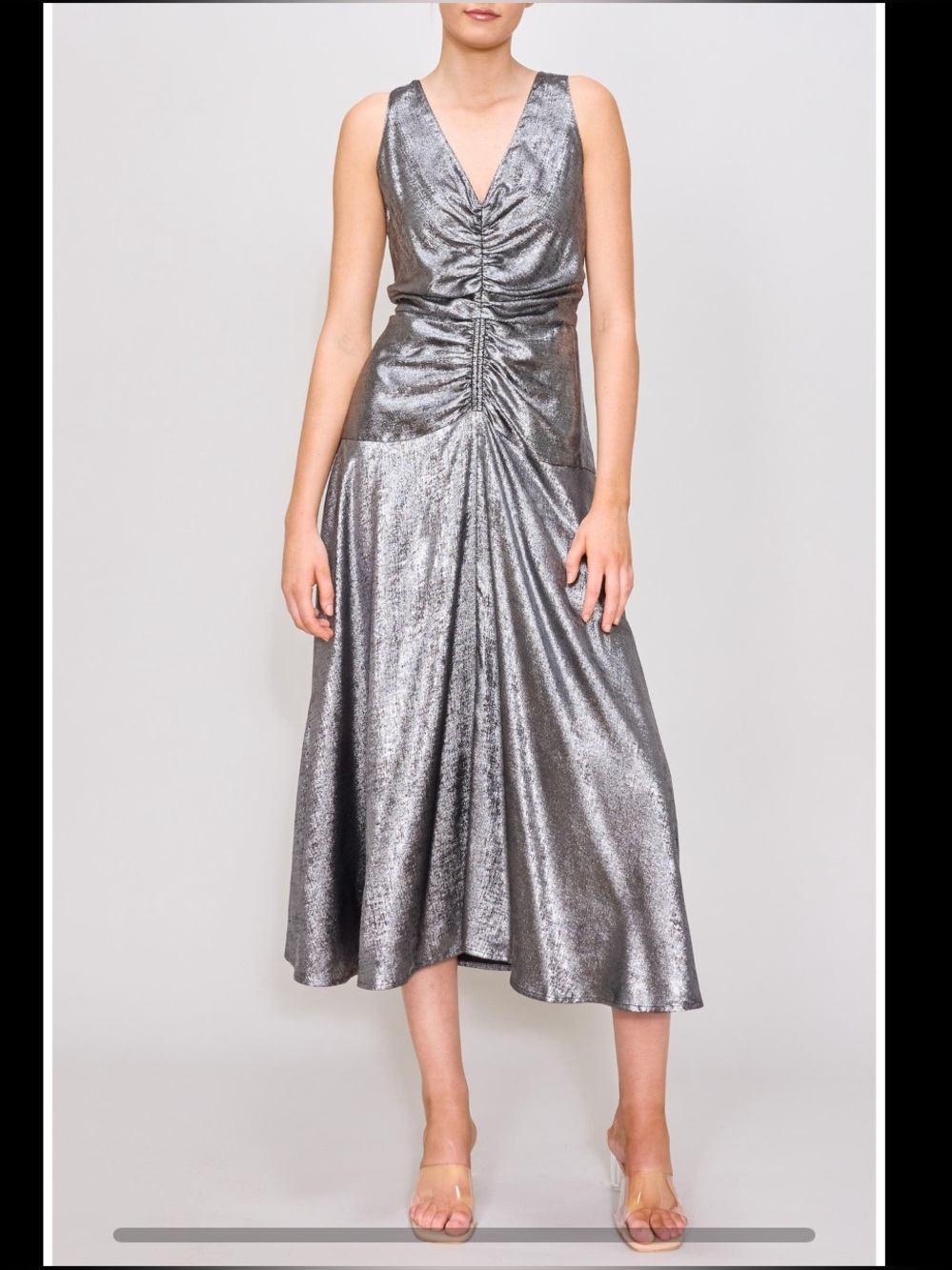 MELLODAY by Nordstrom Gunmetal Metallic Ruched Front Sleeveless Midi Dress